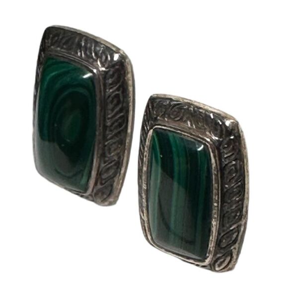 Southwestern green malachite rectangle earrings silver 925 stud-no backs include - Picture 4 of 6